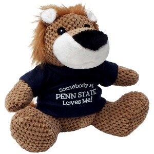 plush stuffed lion with Somebody at Penn State Loves Me! navy t-shirt